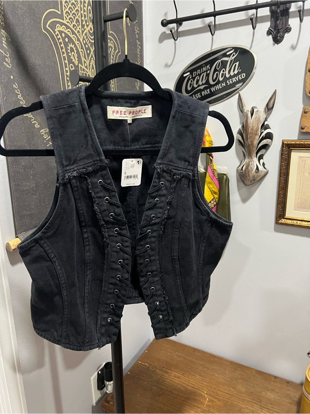 Free people Midnight Rider Denim vest Lace up corset in Black noir - NWT